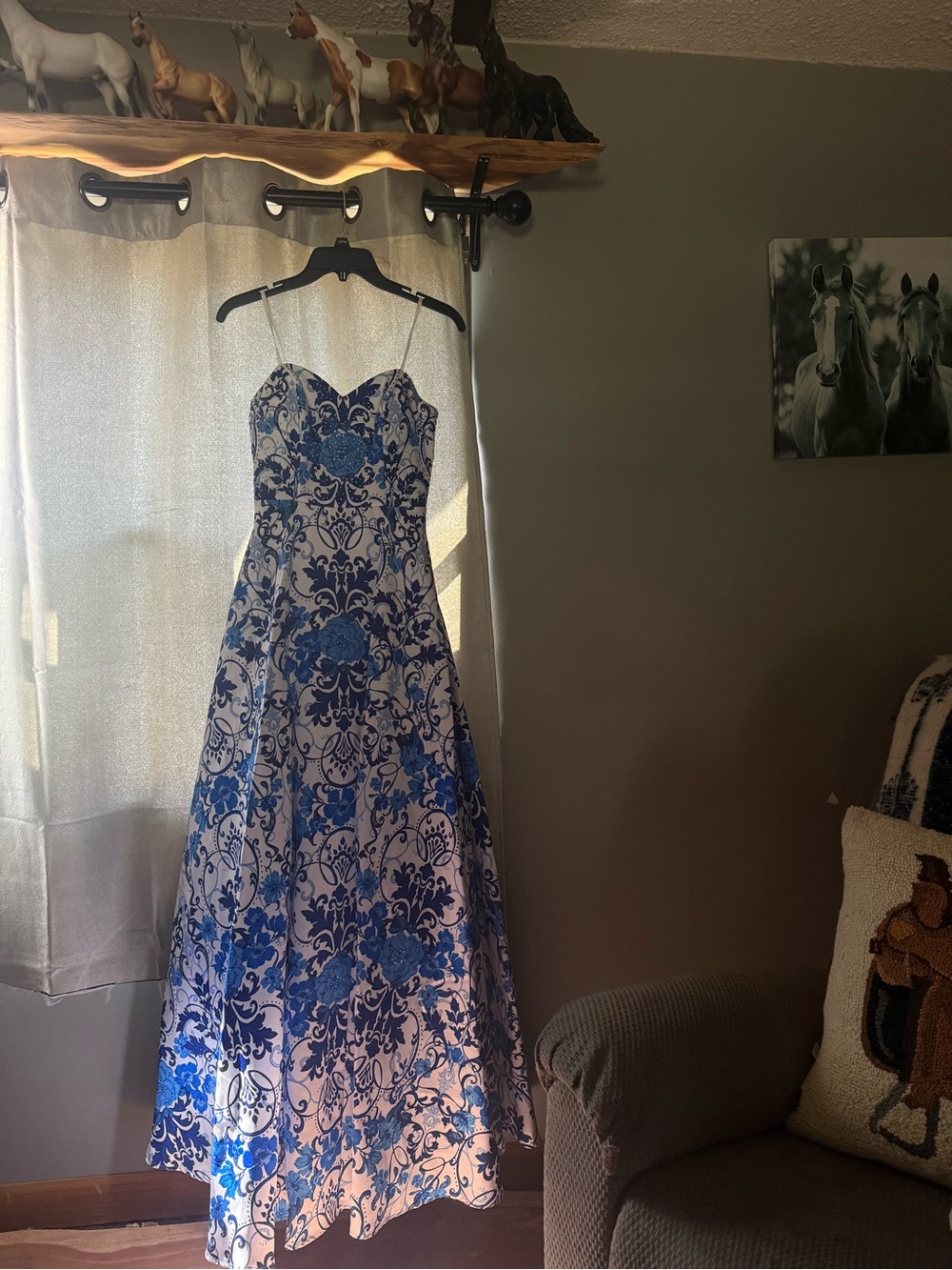 Blue and White Floral Strapless Prom Gown